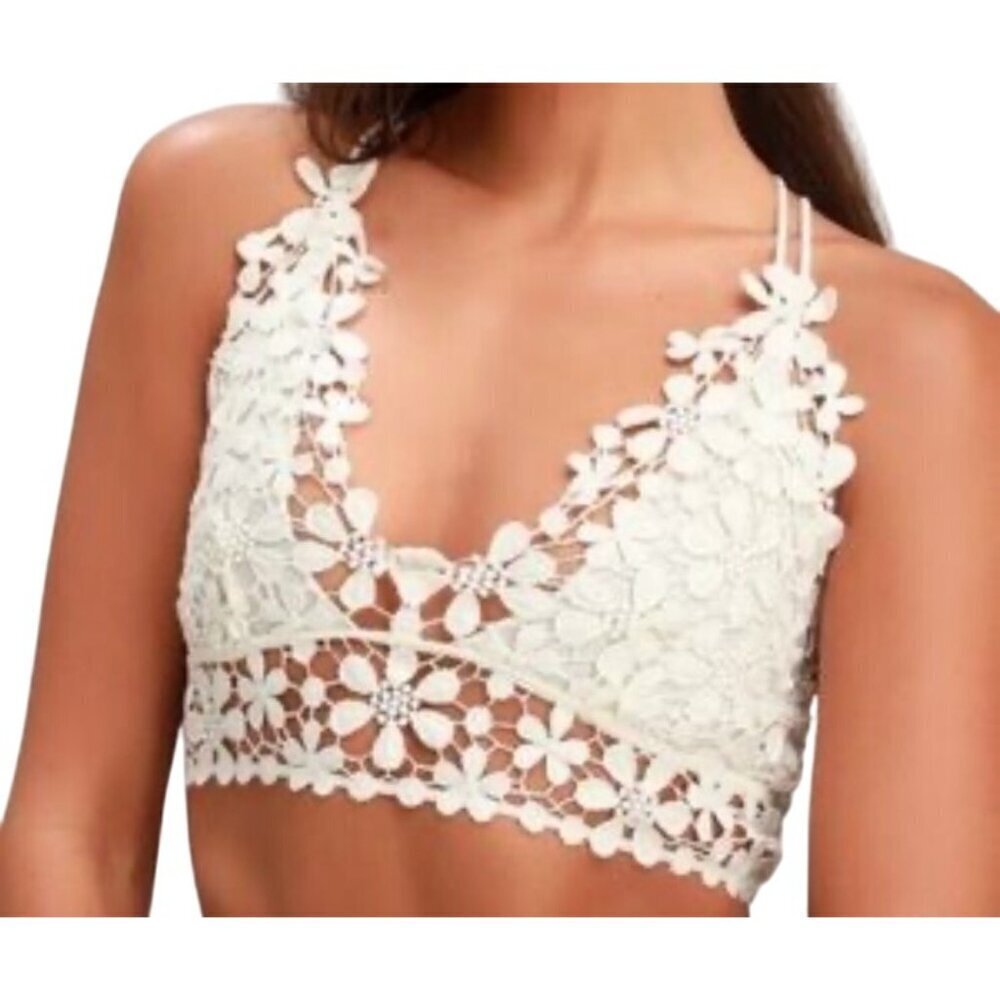 Free People Intimately Womens White Floral Lace Crochet Bralette Top  Adjustable